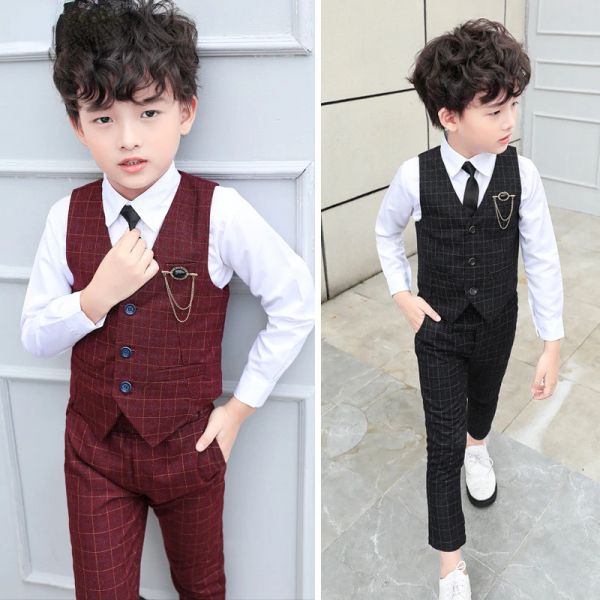 T-Shirts Boy Plaid Weste Blazer Kinder Weste Coat Hochzeit Kleidung Set Kleinkind formelle Kleideranzug Kinder Brosche Hemd Hose Baby Gentlemen Outfit