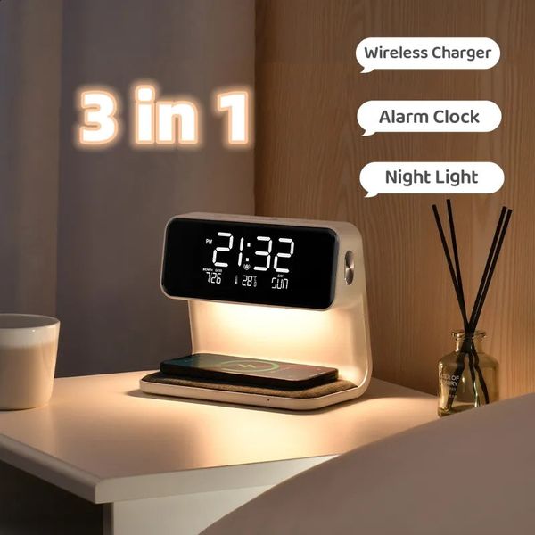 Creative 3 в 1 прикроватной лампе беспроводной зарядки ЖК -экрана будильника будильника беспроводной телефон для iPhone Smart Tarmer Lamp 240417