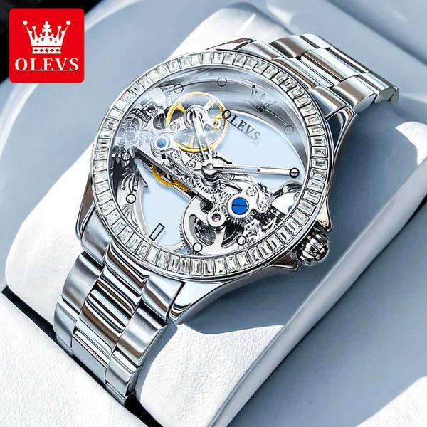 Avanadores de pulso Olevs Hollow Out Mechanical for Women Luxury Fashion Diamond Lap Ladies Wristwatch Elegant Automatic Womens Relógios 240423