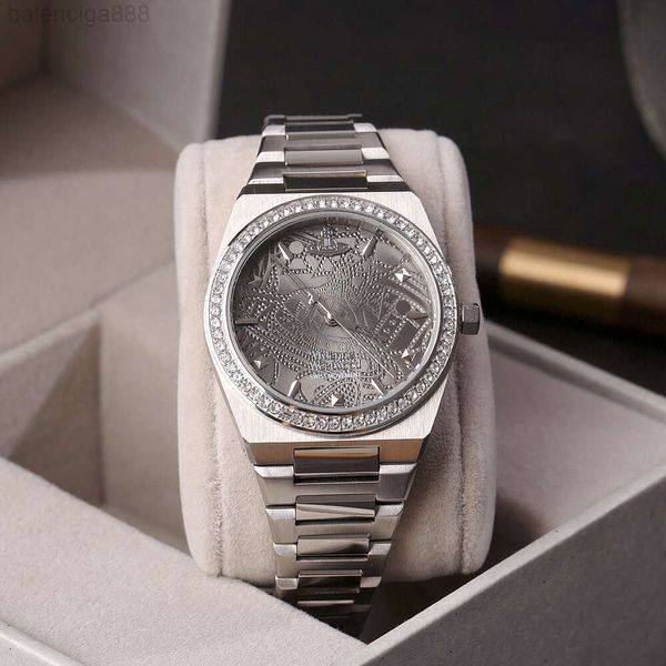 Designer Vivianes Westwood Vivienne Die westliche Kaiser -Witwe Full Diamond Mode Watch Silver Grey Relief Womens Watch Modable Stahlband Eingelegtes Engl