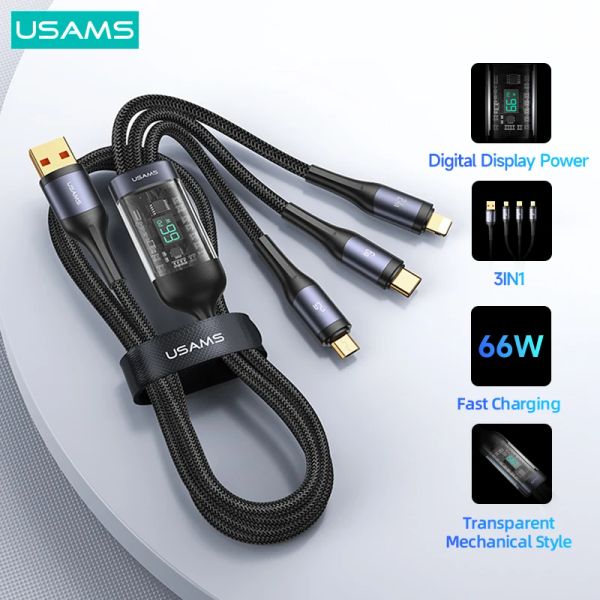 Acessórios USAMS U83 66W 3 em 1 Cabo de exibição digital PD QC Carga rápida Cabo USB tipo C Para iPhone 14 13 12 Pro Max Huawei Xiaomi Samsung