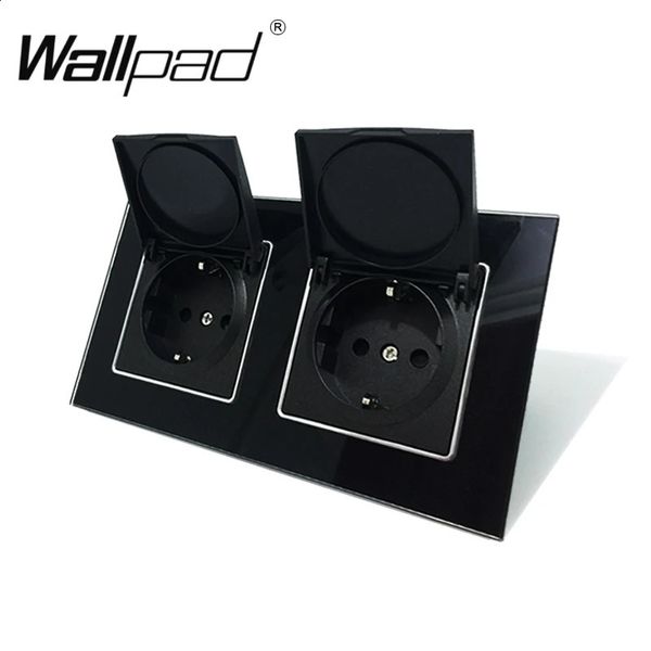 Doppelstaubkappe EU EU European Schuko Wall Socket mit Klauenklammern Auslass Abdeckung Wallpad Schwarzer Kristallglas Panel 110V250V 240415