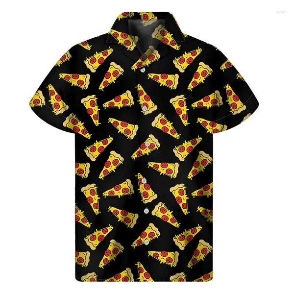 Camisas casuais masculinas Cartoon Pizza 3D impressão havaiana para homens Padrão de comida de verão Botão de lapela Bottle Street LOPS LOLHAS DE MANEIRAS CURTAS Blusa Tops