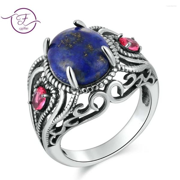 Ringos de cluster anel de prata de lapis natural para mulheres vintage 8 10mm Blue Stone Casamento