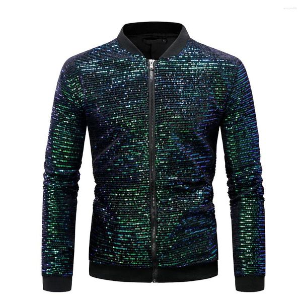 Herrenjacken Herren glänzende grüne Pailletten Jacke Männer 70er Disco Nachtclub Baseball Bomber Hip Hop Streetwear Freizeit und Mäntel