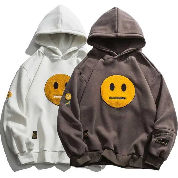 Moletom moletons masculinos do zíper vintage Smile de bolso de retalhos de retalhos y2k zip up moletom moletons de streetwear masculino masculino hip hop casual tops machos com capuz 240424