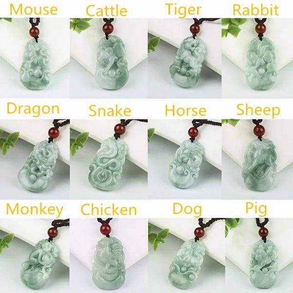 Colares Birmânia pingente jadeita à mão esculpida Lucky Amulet Colar Chinese Zodiac Jade com Chain For Men Women Great Drop Shipping