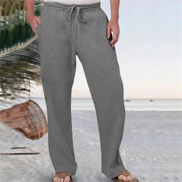 Calça masculina masculina moda casual cor sólida Experimente algodão respirável e cintura elástica de bolso de linho de tamanho grande de pernas largas