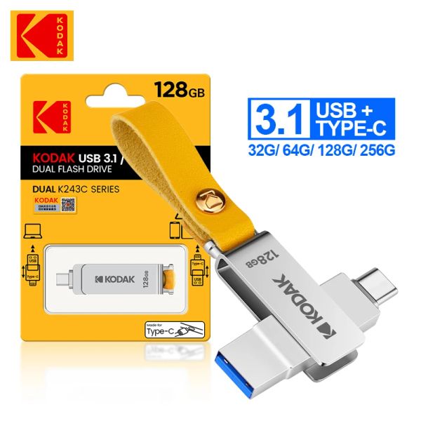 Приводы Kodak OTG USB Flash Drive 128 ГБ типа C Pendrive K243C Metal USB3.1 64GB 132GB 2 в 1 Udisk Landyard для Keys Mamtphone Ноутбук