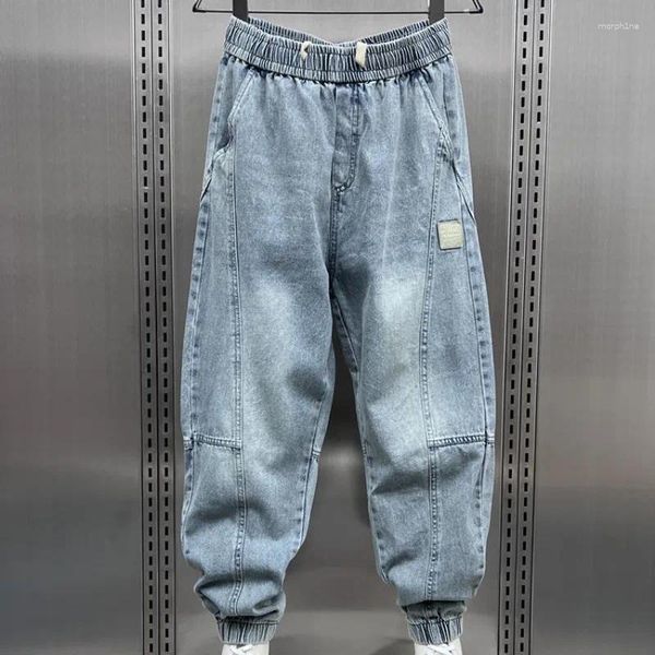 Мужские джинсы 2024 Лето Большой размер случайный сплайсин с упругими тонкими коническими брюками гарема