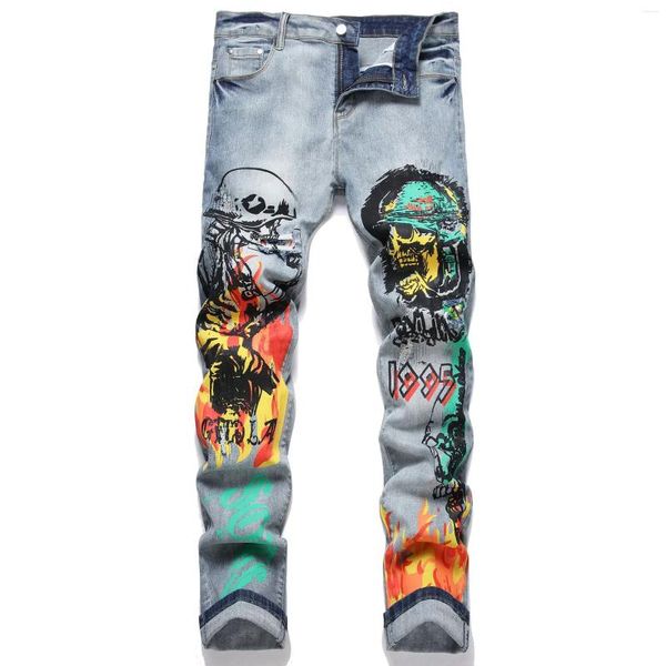 Jeans maschile Y2K Autumn Flame Skeleton Stampato Streetwear Hip Hop Harajuku Patchwork Vintage Cargo Denim Pants Pantalon Homme