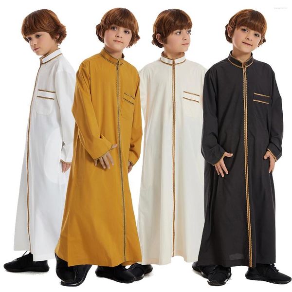 Ethnische Kleidung muslimische Kinder Jungen Jubba Thobe Robe Arabisch Islamisch Osten Teen Teen Zipper Stand Collar Langarm Roben Ramadan Ramadan