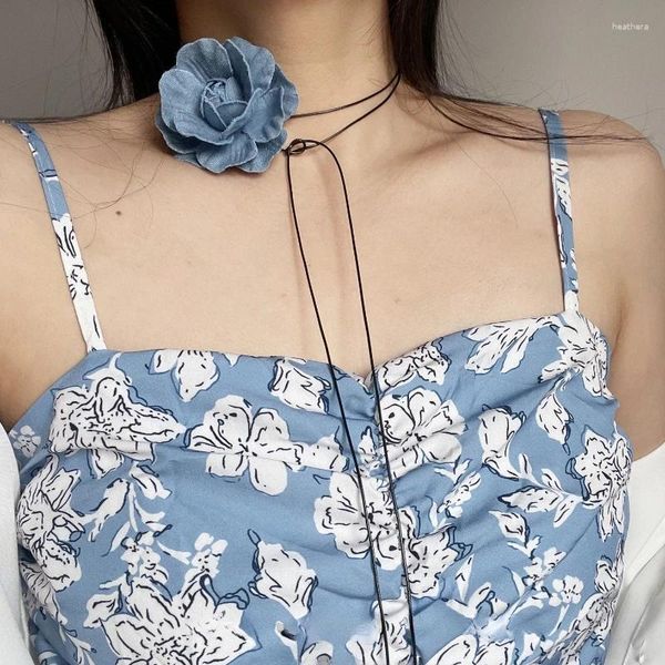 CHOKER 2024 Summer Blue Denim Camellia Flower Collana per donne Sweet Girl Collane a corda regolabile