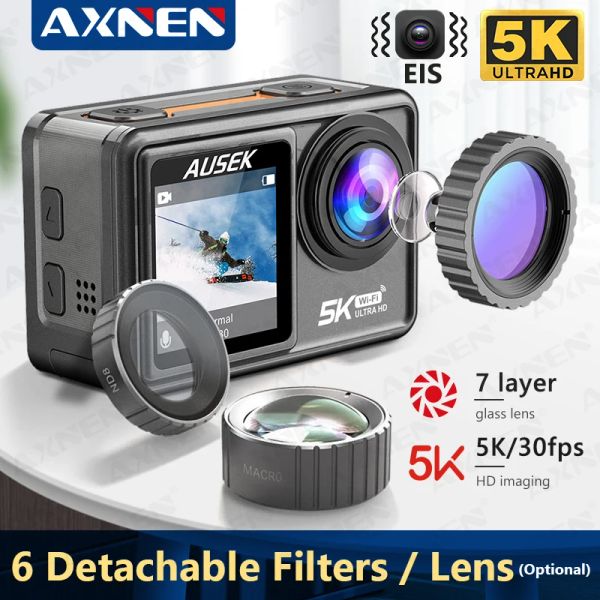 Камеры axnen ausek 5k Action Camera 4K 60FPS EIS 48MP Touch Ecrece 1080p Webcam Vlog Wi -Fi Sports Cam с удаленным, дополнительным объективом фильтра