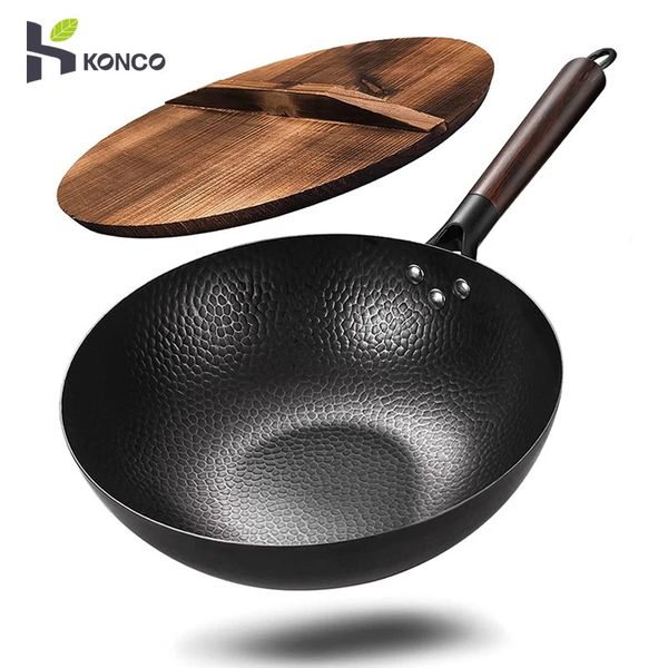 Iron wok tradicional 125 aço carbono woks pan e frigideiras com frigideira com tampa de cozinha para todos os fogões 240415