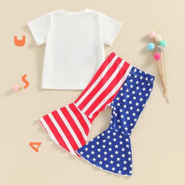 Одежда наборы девочка 4 июля наряды с коротким рукавом американская футболка звезд Stripes Bell Bottoms Summer Older