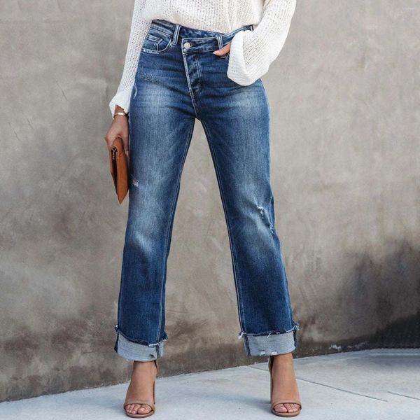 Jeans femminile casual high waist pantaloni in jeans strappato con eleganti pantaloni del tubo verticale arrotolato ropa de mujer