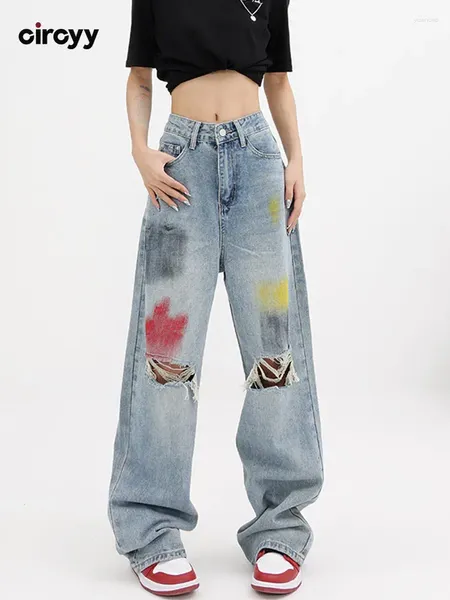 Jeans femminile strappati per donne pantaloni di denim lavati dipinti ad alta vita