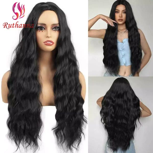 Peruklar vücut dalgası sentetik saç perukları kadınlar için uzun siyah renk orta parça tam kafa kapaklar kimyasal elyaf simüle saç 26 inç