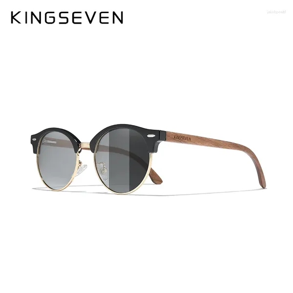 Güneş gözlükleri Kingseven 2024 El yapımı siyah ceviz ahşap erkekler kadınlar kutuplaşmış ayna lens güneş gözlükleri erkek UV400 oculos w5517