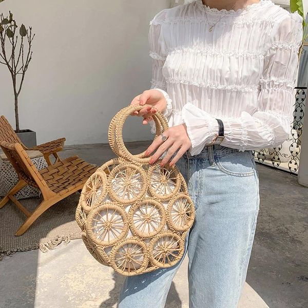 Totes Mode Rattan Hollow Round Stroh Bags Weiden gewebt Frauen Handtaschen Sommer Beach Schulter Crossbody lässige Lady Bali Geldbörsen