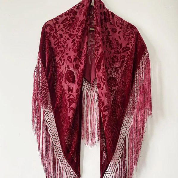 Lenços Lady Velvet Triangle Shawl Noble Peony Lenf Women Women Silk Autumn Spring Poncho Pashmina Tassel Bóia