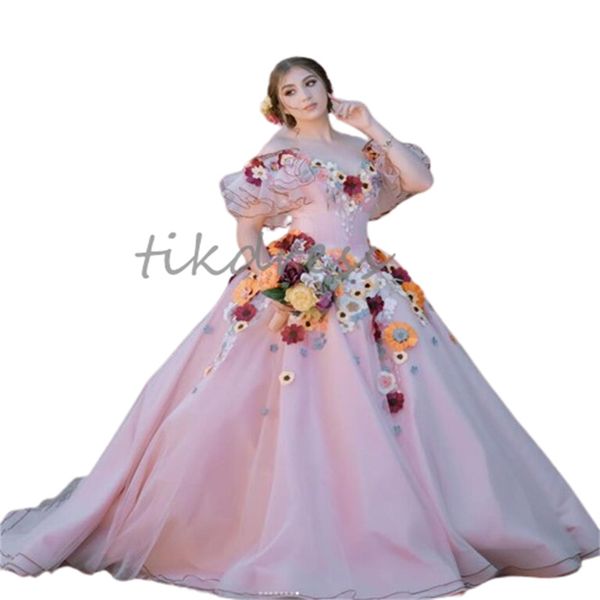 Fairytale Pink Florals Quinceanera Dresses Princess Off Shoulders 3D Flowers Birthday Gowns Gorgeous Debutate Robe Mariee Vestido de 15 XV Anos Masquerade