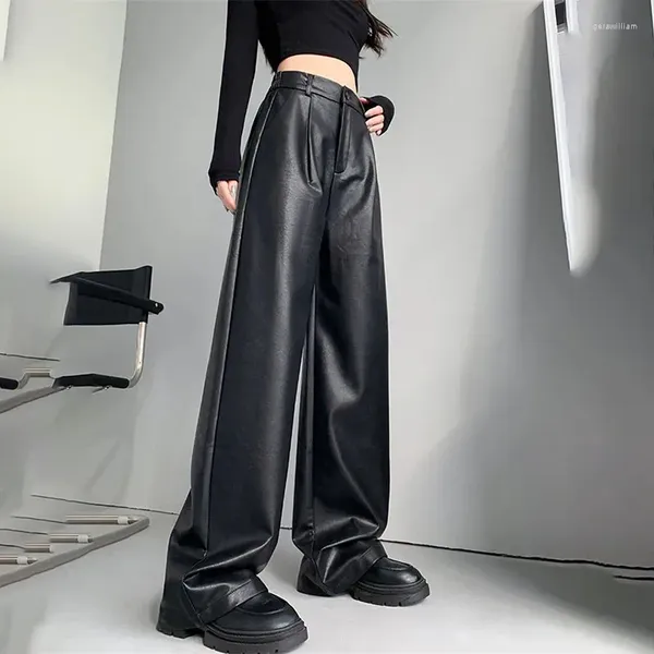 Frauenhose 2024 Frühling Herbst High Taille Lose elastische Frauen mit weiten Beinen glatt schwarze PU-Leder-Pantalone Modeklassiker