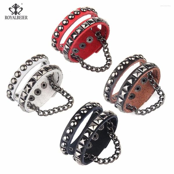 Braccialetti di fascino royalbeier multistrato in pelle rivettatura a filo avvolgitore cuff -cuff punk cristallo rhinestone Bracciale in stile bracciale