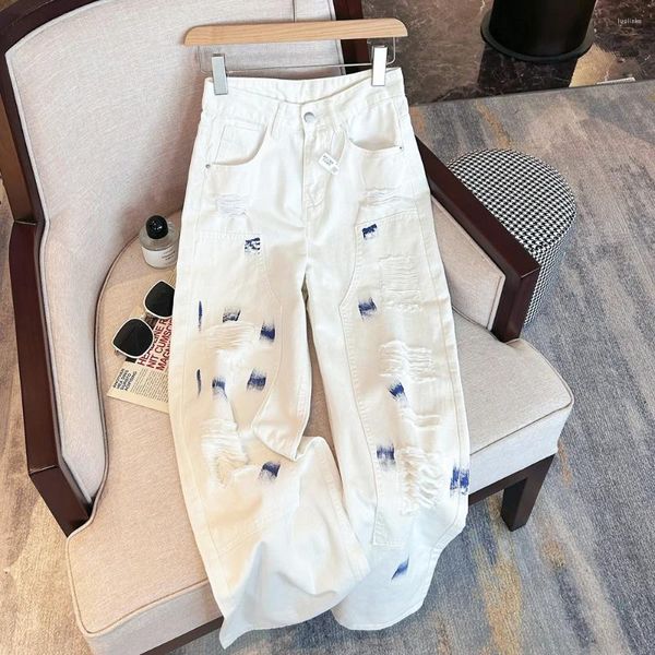 Jeans feminino branco rasgado harajuku estético y2k calça jeans calças cowboy calças de cowboy vintage 2000