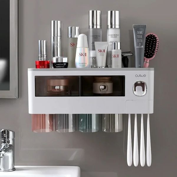 Porta di spazzolino magnetico Storage spazzatura automatica Despensatore Accessori per il bagno impermeabili a parete Set