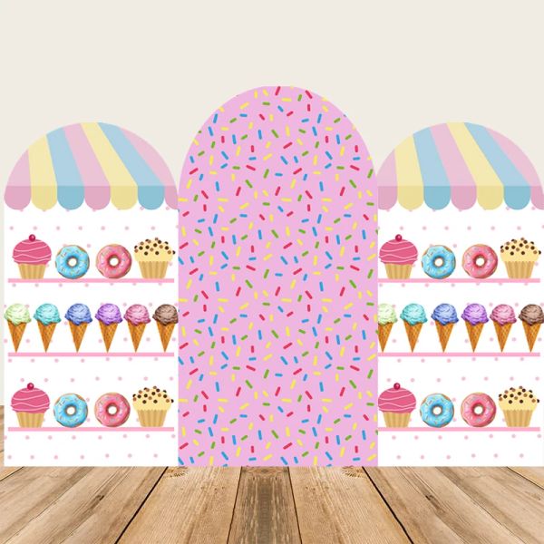 Hemden Chiara Bogen Wand Hintergrund Cover für Babyparty Girl Candyland Geburtstagsfeier Dekor Eis Donut Hintergrund Fotografie Requisiten