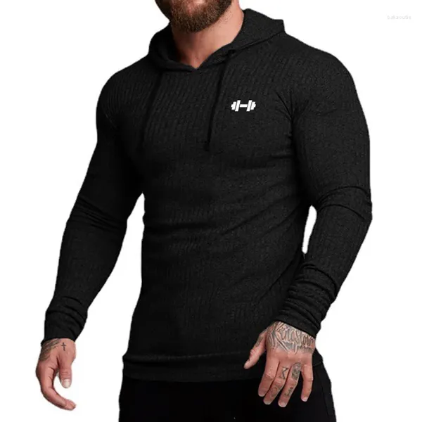 Erkek Sweaters Sıradan Uzun Kollu İnce Fit Giriş Spor Spor Fitness Hızlı Kuru Kapşonlu T-Shirt Örme Stripes Vücut Geliştirme Giysileri