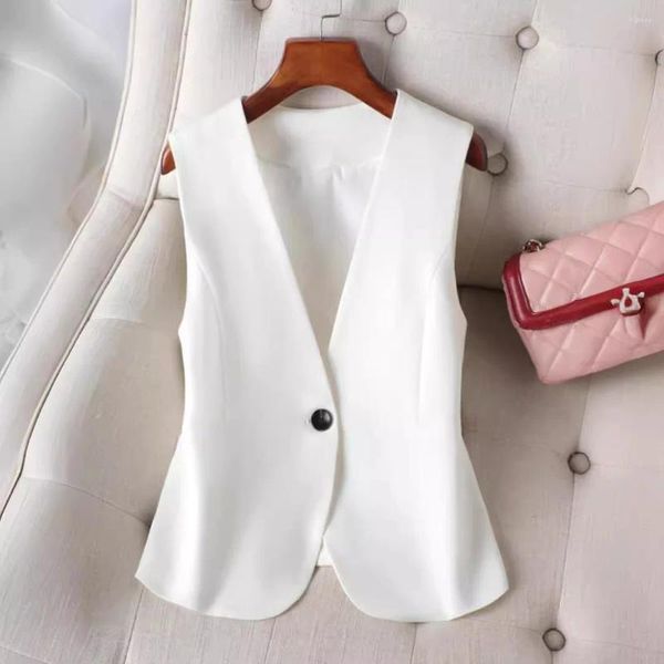 Giubbotti da donna #0730 Black White Blazer giubbotto cappotto da donna a v-collo Slim Office corto femmina singolo bottone Elegante Spring senza maniche