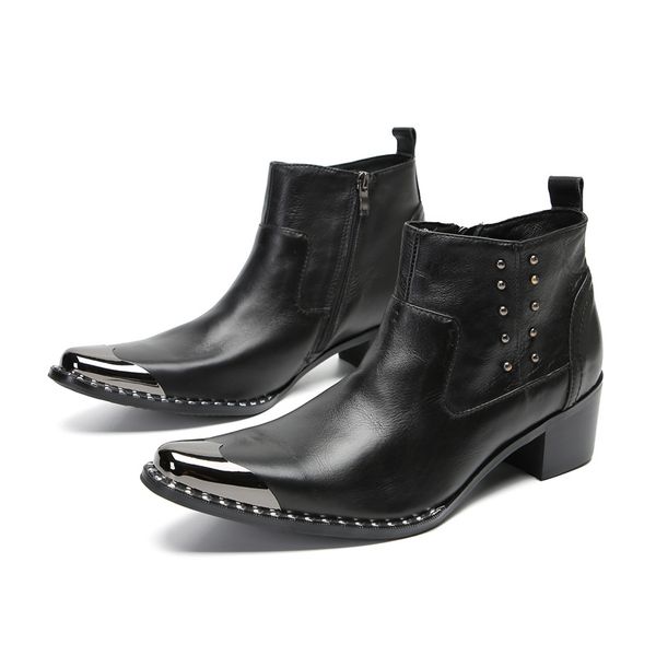 Mens vestido sapatos de metal dedo punk estilo genuíno couro cavalheiro botas de motocicleta sapatos para homens mais tamanhos de luxo sapatos para meninos botas de festa