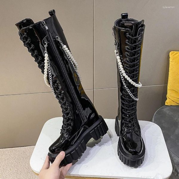 Botas de inverno plataforma robusta joelho de couro alta punk string strede de 10 cm de altura que aumenta a mulher longa laço para cima botas