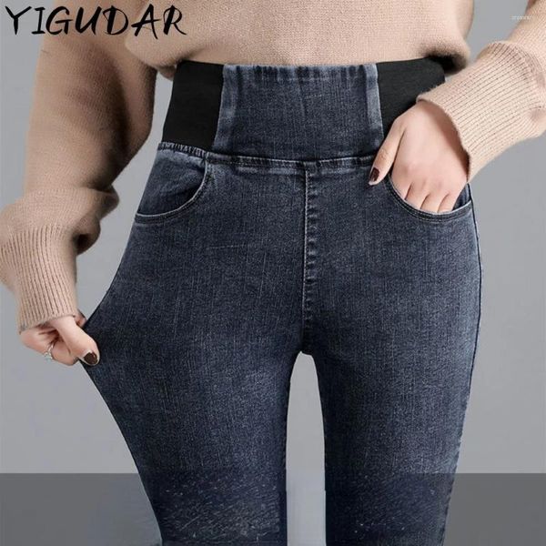 Pantaloni elastici dei jeans da donna Donne elastiche alla vita alta addensare al lavoro magro stretti di lavoro autunno e inverno Y2K