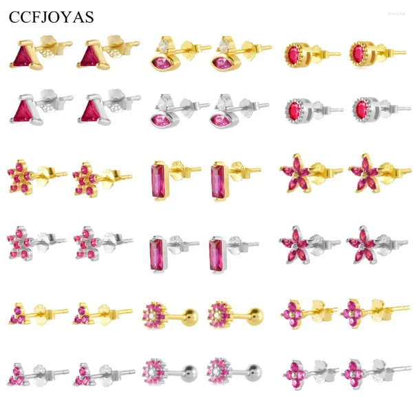 Stud Küpe Ccfjoyas Mini Sevimli Üçgen/Kare/Yuvarlak/Çiçek/Kalp Şekleli 925 STERLING Gümüş Gül Kırmızı Zirkon Delici