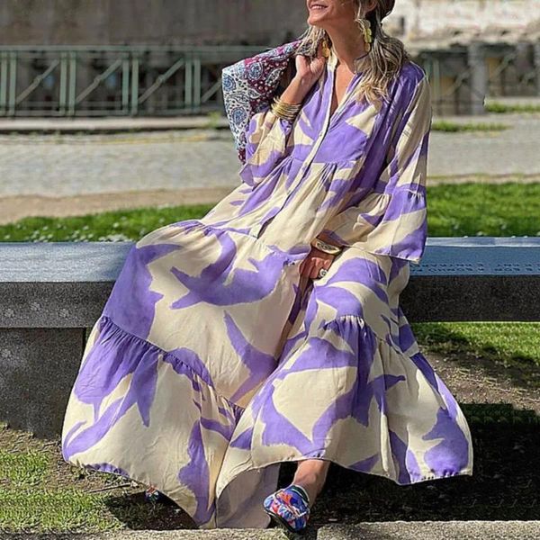 Lässige Kleider V-Ausschnitt Maxi Kleid Women Bohemian Langstil mit farblich passenden Druck Feder Patchwork Sommer