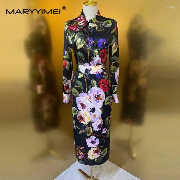 Arbeitskleider Maryyimei Mode Frauen Seidensatin-Hemd Langarmbluse Bluse Schwarzer Druck schlanker Top Bleistift Rock 2-teiliges Set