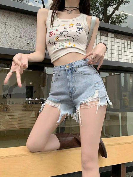 Shorts femininos vintage azul de cintura alta borla de jeans quebrada feminino de verão Versão coreana perna larga plus size jean short calça casual y2k
