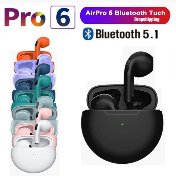 TWS PRO6 Aurnospedi auricolari Bluetooth con auricolari Mic 9D Stereo Pro 6 per Xiaomi Samsung Android Wireless Bluetooth Auricolare con imballaggio al dettaglio