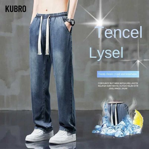 Jeans masculinos Kubro 2024 Moda de verão de alta qualidade perna larga cintura lyocell tencel jeans mass lotes lisados calças de marca finas 240423