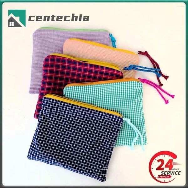 Bolsas de armazenamento Mulheres maquiagem xadrez de maquiagem de algodão e linho bolsa cosmética Moda portátil de grande capacidade portátil