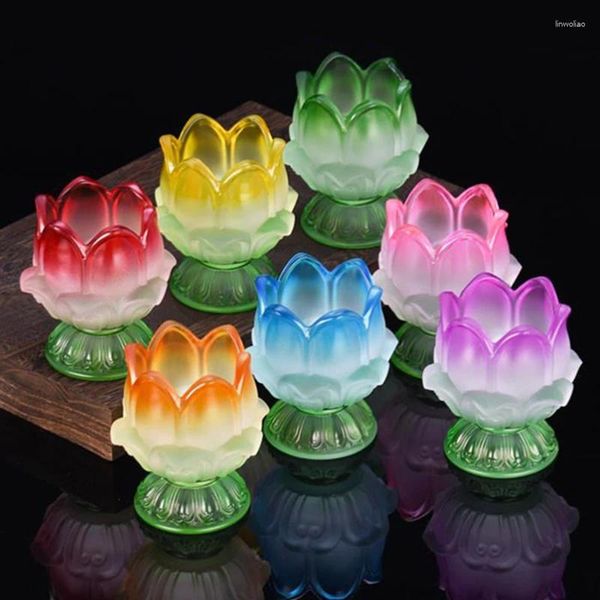 Titulares de vela Multicolor Glass Lamp Suport Buddhist Cup em relevo, Romântico Flor Candlestick Tibetan Supply Buddha Table Decoration