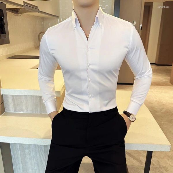Camisas de vestido masculinas coreanas pretas brancas de alta qualidade de cor sólida camisa de manga comprida homens negócios slim fit casual office de escritório social
