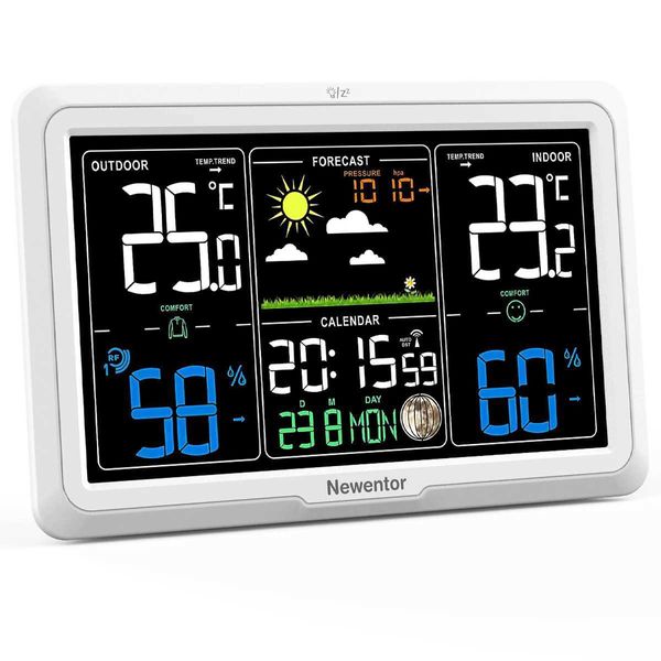 Termometri per la casa stazione meteorologica di NewEntor Wireless Termometro esterno interno 7.5 pollici Orologio atomico con previsioni meteorologiche e barometro T240422