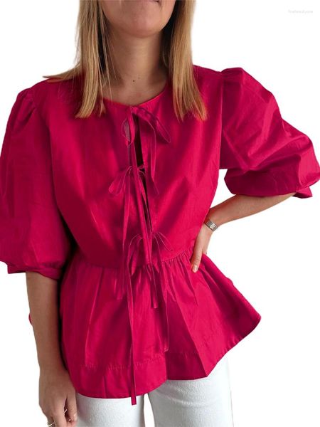 Женские футболки T 2024 Fashion Spring Summer Casual Tops с половиной рукава открытый передний галстук твердый цвет/клетчатая блузка