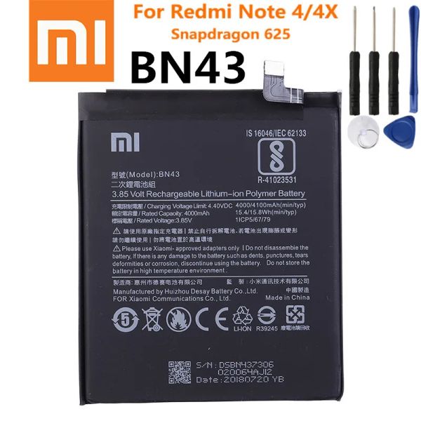 Piller% 100 Orijinal Xiaomi Redmi Not 4 4x 4 X 4100mAH BN43 Xiaomi Global Snapdragon 625 Pil Batterlie Bateria Akıllı Telefon