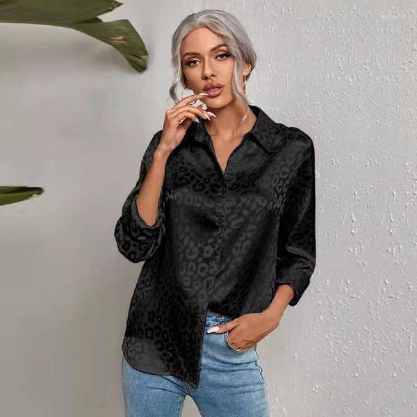 Blouses femininas Europeias e americanas Roupas 2024 Primavera no verão Lappel Button Open Leopard Print Jacquard Sleeved Shirt